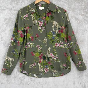L'Agence Nina Cheetah Animal Floral Print 100% Silk Blouse Green